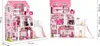 A collage of two images showing a pink wooden dollhouse with a slide and multiple levels, with dimensions indicated. Produktbild-Vorschau