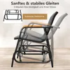 A close-up view of a black metal garden bench with a gray fabric seat, shown in multiple positions to illustrate its gliding motion. The background is a light gray wall and a wooden floor. Anteprima dell’immagine prodotto