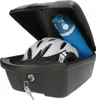 A black storage box for a bicycle rack, containing a white helmet and a blue water bottle. The box is open, and a key is in the lock. Náhľad obrázku produktu