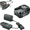 A collage of a Bosch battery starter set including a battery, a charger, and its packaging. Produktbild-Vorschau