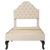 A beige upholstered bed frame with a tufted headboard and wooden slats, shown from the front. Náhled obrázku produktu