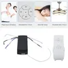 A collage of images showing a couple preparing for sleep, a close-up of a remote control timer interface, a woman sleeping peacefully, and a modern ceiling fan with a light. Below this collage are images of a ceiling fan receiver module with wires and a wh Podgląd zdjęcia produktu