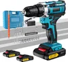 A cordless drill and its accessories are displayed against a light gray and white background. Produktbild-Vorschau