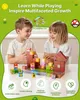 Two children are playing with magnetic building blocks on a table, with various icons and text promoting educational benefits. Náhľad obrázku produktu