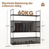 A multi-tiered shoe rack with shoes and boots on display, with dimensions and load capacity indicated. Produktbild-Vorschau