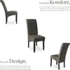 Three views of a gray upholstered dining chair with black wooden legs, presented on a white background with marketing text. Náhled obrázku produktu
