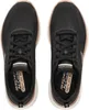 A top-down view of a pair of black Skechers sneakers with rose gold accents. Voir les images du produit