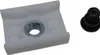 A white plastic sliding piece with a metal nut and a black screw on a white background. Produktbild-Vorschau