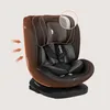 A brown and gray car seat with orange arrows indicating airflow and a highlighted area showing padding. Produktbild-Vorschau