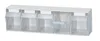 A white storage unit with five clear bins, mounted on a white background. Produktbild-Vorschau