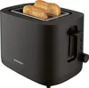A black two-slice toaster with two pieces of toast inside, shown from a diagonal front-facing angle against a white background. Produktbild-Vorschau