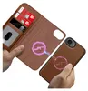 Hands holding a brown leather wallet-style phone case and a phone with a matching case, showing a magnetic connection. Produktbild-Vorschau
