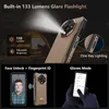 A collage of marketing images showcasing the features of a rugged smartphone, including its flashlight, face unlock, fingerprint ID, and glove mode. Produktbild-Vorschau