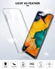 A clear phone case is shown next to a smartphone, with feathers and text indicating it is lightweight. Produktbild-Vorschau