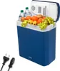 A blue electric cooler box filled with fruits and water bottles, with power cords in the foreground. Produktbild-Vorschau