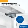 Close-up of a white refrigerator door hinge mechanism, with marketing text overlays. Produktbild-Vorschau