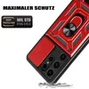 A close-up, angled view of a red and black smartphone case with a ring holder and camera protection, set against a white background. Text overlays highlight features. Produktbild-Vorschau