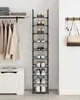 A shoe rack filled with shoes, next to a closet with hanging clothes and a storage chest. Náhled obrázku produktu