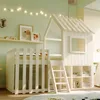 A child's bedroom with a white house-shaped loft bed, a shelf with framed pictures and a toy car, and string lights. Náhľad obrázku produktu