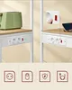 A split image showing a kitchen shelf with power outlets and a toaster on one side, and a close-up of a hand pressing a switch on the other. Below are icons representing different features. Náhled obrázku produktu