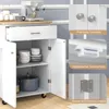 A white kitchen cart with a wooden top, shown with its drawers and doors open to reveal storage space. Insets highlight features like door handles, magnetic closures, and hinges. Podgląd zdjęcia produktu