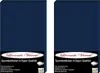 Two dark blue fitted sheets are shown side-by-side against a white background. Each sheet has a label with brand information and product details. Produktbild-Vorschau