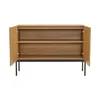 A wooden sideboard with two open doors and two shelves, standing on black legs, against a white background. Anteprima dell’immagine prodotto