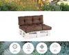 A brown pallet sofa cushion set on a white background, with icons and text below. Voir les images du produit