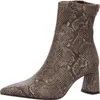 A single beige snake-print ankle boot with a block heel is shown against a white background. Produktbild-Vorschau