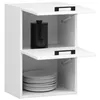 A white kitchen cabinet with two open doors, showing storage compartments. The top compartment contains a black container, and the bottom compartment holds a stack of white plates. Podgląd zdjęcia produktu