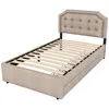 A single bed frame with a tufted headboard and drawers underneath, shown against a white background. Náhled obrázku produktu