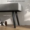 A close-up of the legs and underside of a gray upholstered bench, with text overlays highlighting its features. Produktbild-Vorschau