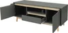 A dark gray TV lowboard with light wood accents and legs, shown with two doors open and one drawer pulled out. Náhled obrázku produktu