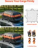 Collage showing a cargo carrier on a car roof, a diagram of a cargo net, and images of ratchet straps. Anteprima dell’immagine prodotto