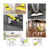 A collage of images showing a yellow and gray floor cleaner and its accessories, demonstrating its use in various settings and providing instructional diagrams. Produktbild-Vorschau