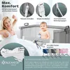 A woman and a baby are shown with a baby crib, highlighting product features. Produktbild-Vorschau