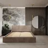 A bedroom scene featuring a bed, nightstand, and vanity with a mirror. Náhled obrázku produktu