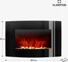 A black electric fireplace with a simulated flame effect and decorative stones, shown with dimensions indicated. Podgląd zdjęcia produktu