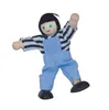 A wooden doll with black hair, blue eyes, and a red smile, wearing a striped shirt and blue overalls. Produktbild-Vorschau