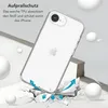 A clear iPhone case is shown with text describing its protective features, with abstract spheres and cracked ground elements to illustrate impact absorption. Anteprima dell’immagine prodotto