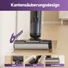 A wet and dry vacuum cleaner is shown cleaning near a wall and baseboard, with close-up insets demonstrating edge cleaning and corner cleaning. Produktbild-Vorschau