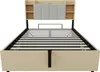A bed frame with a headboard featuring shelves and upholstered panels, shown from the front with the mattress support slats visible. Voir les images du produit