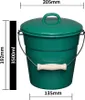 A green bucket with a lid and a wooden handle, shown with dimensions indicated by measurement lines and text. Produktbild-Vorschau