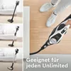 A collage of images showing a cordless vacuum cleaner in use and as a product shot, with a person's legs and feet visible in one section. Produktbild-Vorschau
