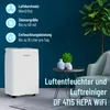 A white dehumidifier and air purifier is shown in a living room setting next to a small table with plants and vases, with text overlays describing its features. Produktbild-Vorschau