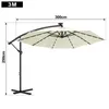 A beige cantilever umbrella with LED lights and a black stand, shown against a white background with dimensions indicated. Produktbild-Vorschau