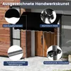 A black awning is installed above a wooden door, with close-up insets highlighting its features. Anteprima dell’immagine prodotto