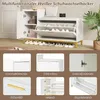 A collage of images showcasing a white shoe cabinet with a padded seat, featuring different angles and close-ups of its components and functionality. Produktbild-Vorschau