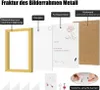 Diagram showing the components of a picture frame, including the frame, plexiglass, colored paper insert, and backing board, along with hanging hardware. Produktbild-Vorschau