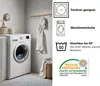 A laundry room scene with a washing machine and care instructions. Produktbild-Vorschau